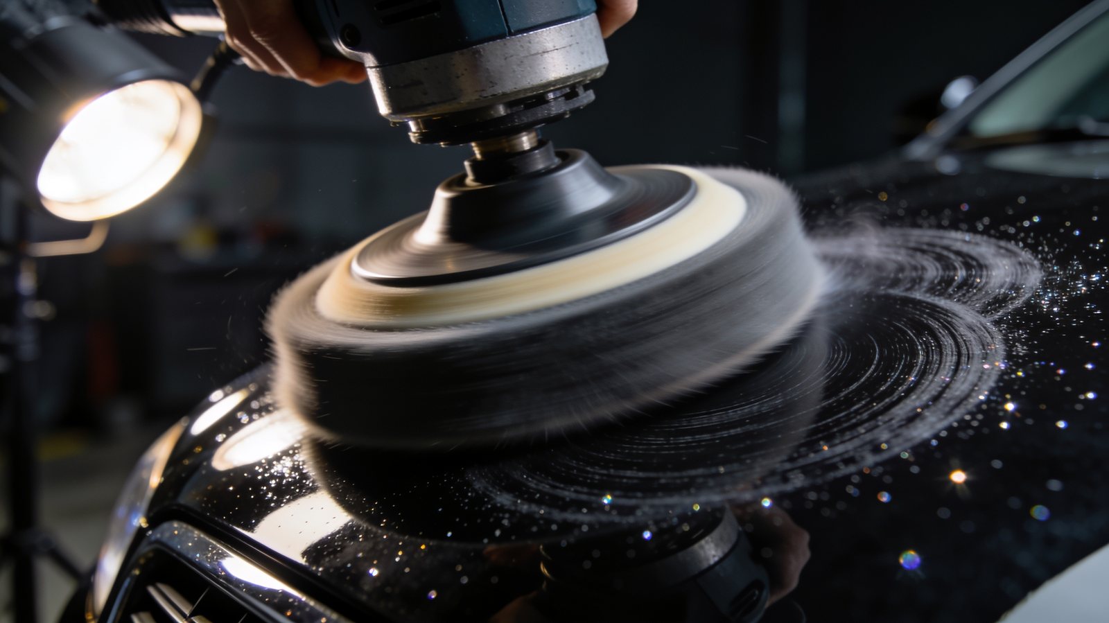 Machine polisher correcting black paint under detailing lamps